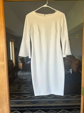 Calvin Klein white midi Sleeve Bell-Sleeve Sheath Dress